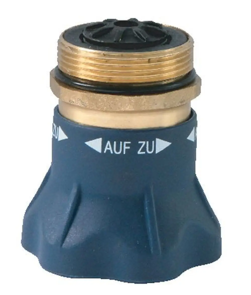 Syr Doppelabsperrventil mit einem blauen Kunststoffkörper und Messinggewinde, gekennzeichnet mit „AUF“ und „ZU“ zur Regulierung des Wasserflusses.